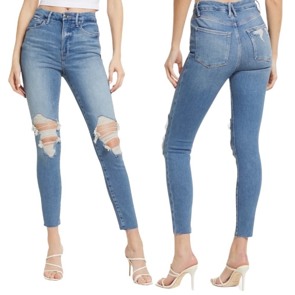 Good American Good Waist Distressed High Rise Indigo Light Skinny Stretch Jeans